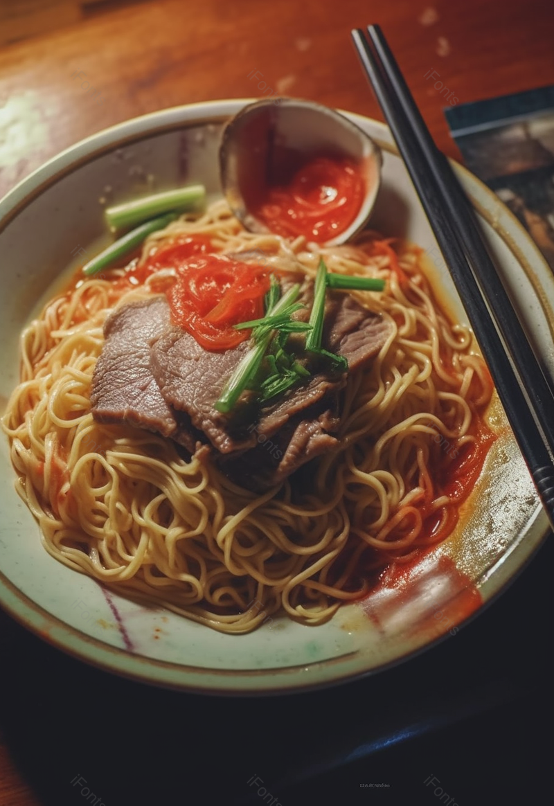 桌子上摆放的一盘牛肉拌凉面,高清,摄影图,摄影图片,图片大全,摄影图免费下载